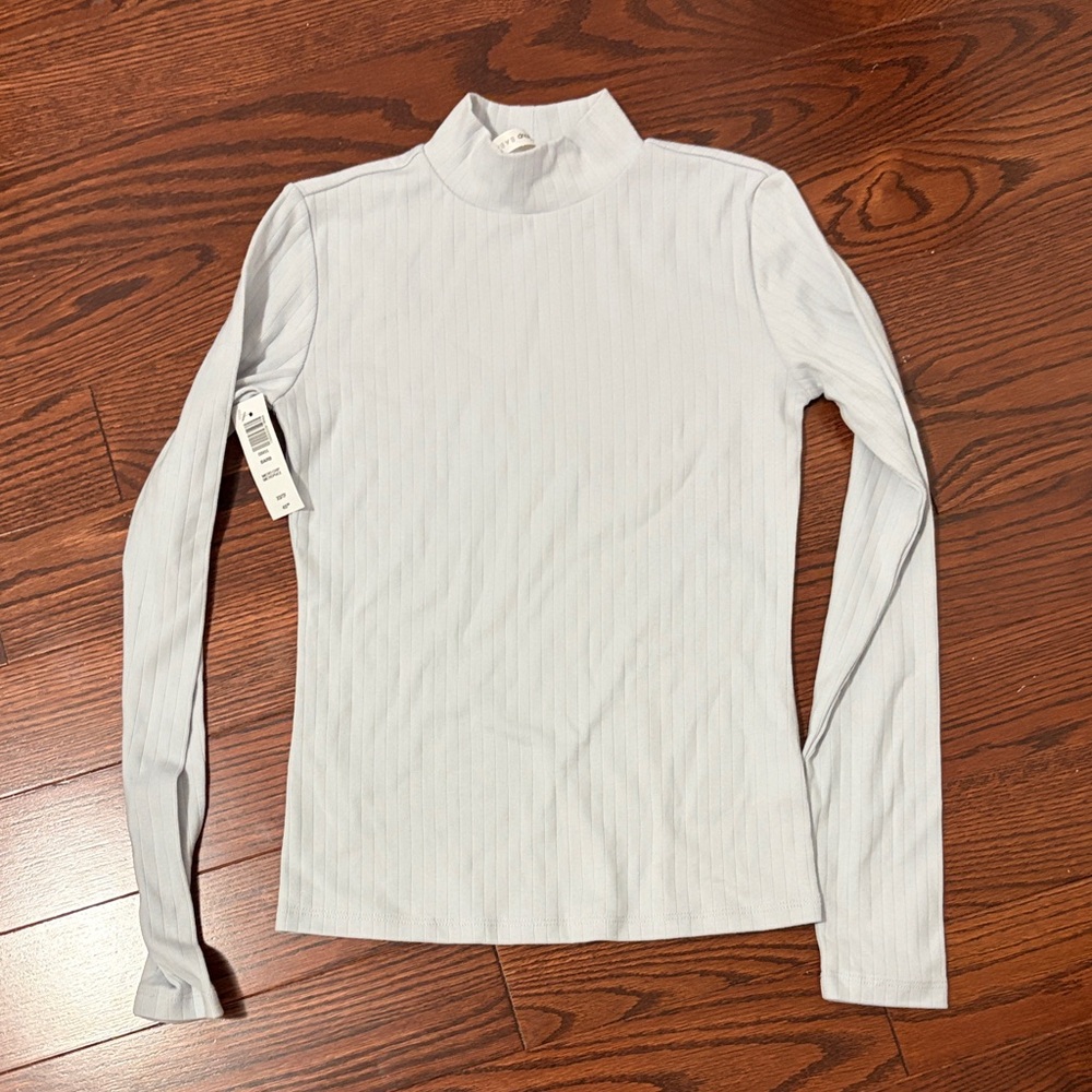 Babaton Light Blue Barb Ribbed Mock Neck Long Sleeve Top Micro Chip